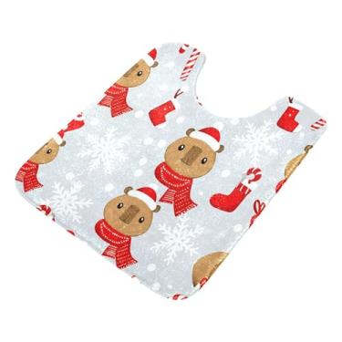 Imagem de Burbuja Capivaras usando chapéus de Natal tapete de banheiro, tapete de banho macio absorvente de pelúcia, base de vaso sanitário antiderrapante para piso de banheiro, oval em forma de U