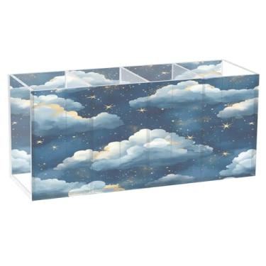 Imagem de CEBUGI Porta-lápis de acrílico transparente com 4 compartimentos, organizador de pincéis de maquiagem para nuvens e estrelas, para armazenamento em mesa de escritório em casa