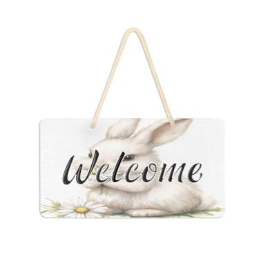 Imagem de Burbuja Placa de boas-vindas de coelho com margarida para porta da frente, placa de boas-vindas de PVC para decoração de férias, 15 x 28 cm