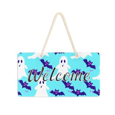 Imagem de Burbuja Placa de boas-vindas de fantasmas de desenho animado para porta da frente, placa de boas-vindas de PVC para decoração de férias, 15 x 28 cm