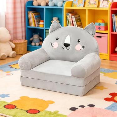 Imagem de DJAPWPX Sofá infantil, cadeira de sofá dobrável, confortável com enchimento de espuma, poltrona de leitura infantil, sofá conversível para relaxar para crianças de 1 a 4 anos (gato cinza)