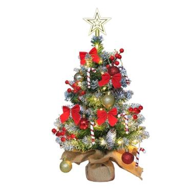 Imagem de Árvore de Natal pequena de 43 cm com luzes e enfeites de bola para decoração de festas em casa, planta artificial (Rojo)