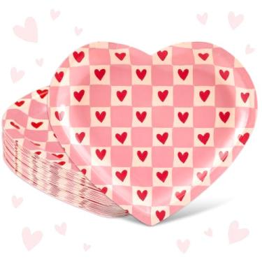 Imagem de FYSUIMU Pratos de papel para o dia dos namorados, pratos de jantar, rosa, amor, formato de coração, quadriculado, descartáveis, para o dia das mães, aniversário, festa de casamento, suprimentos de