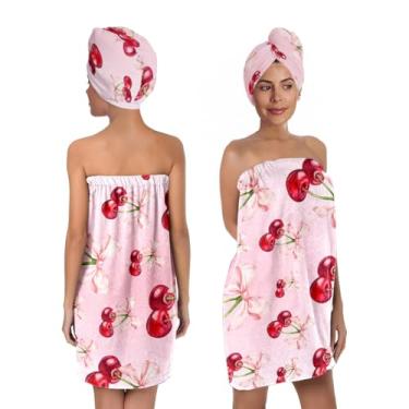 Imagem de QIULIBMH Conjunto de toalha de banho e toalha de cabelo com laço cereja feminino – envoltório de banho de microfibra de secagem rápida rosa com fecho ajustável – Lindo conjunto de toalhas de spa