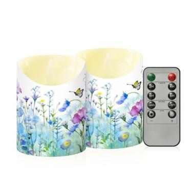 Imagem de Wassud Pacote com 2 campos de flores em aquarela (2) velas sem chama com controle remoto, velas realistas cintilantes com temporizador, velas decorativas para Natal, casamento, festa, decoração de