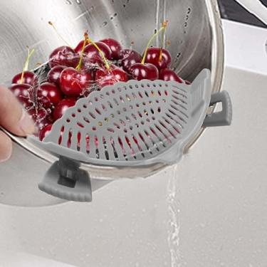 Imagem de Coador de silicone com clipe para todas as panelas e frigideiras, coador de macarrão com clipe em coador de alimentos para carne, legumes, frutas, silicone, cozinha, escorredor - cinza