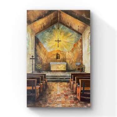 Imagem de quadro interior da capela, Interior de Igreja Católica com Crucifixo, Altar e Bancos de Madeira, Decoração Religiosa em Tons Dourados 60x40
