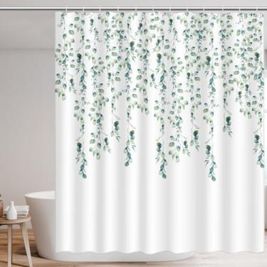 Imagem de Cortina de chuveiro com estampa de folhas verdes, cortina de chuveiro estética moderna em aquarela, acessórios de decoração de banheiro à prova d'água com 12 ganchos, cortina divisória de banheira 183