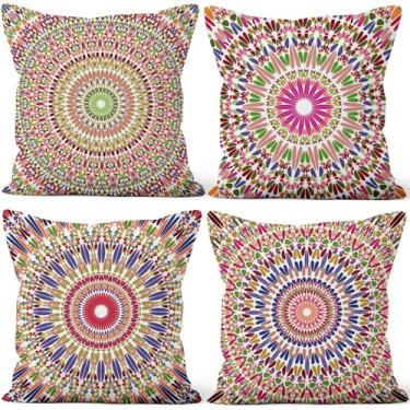 Imagem de Vie Savaran Conjunto de 4 capas de almofada de sofá Boho 45,72 cm x 45,72 cm, mandala boêmia, padrão marroquino, fronha de sofá para cama, cadeira, sala de estar, pátio, jardim, casa, interior e
