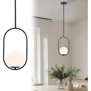 Imagem de Luminária pendente moderna para restaurante, luminária decorativa com cúpula esférica de vidro e aro de metal, abajur de cabeceira com altura ajustável. Ideal para corredores, entradas, vest