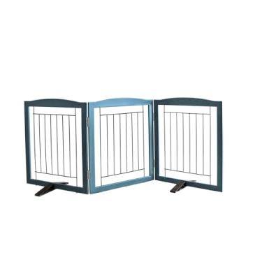 Imagem de ZJSF Cerca interna independente para cães, portão dobrável para portas, escadas ou corredores, portão extra largo de madeira resistente para animais de estimação com pés de suporte para casa, azul, 61