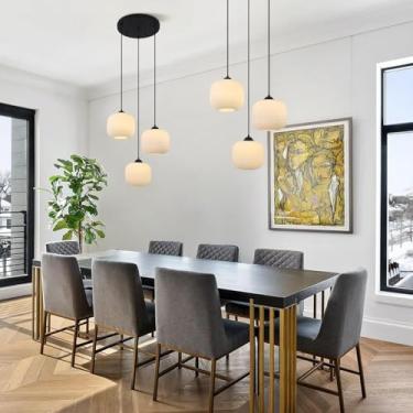 Imagem de Lustre de vidro branco leitoso para teto, luminária pendente para ilha de cozinha, luminária suspensa dourada de meados do século, luminária moderna em formato de esfera estilo nórdico, lumi