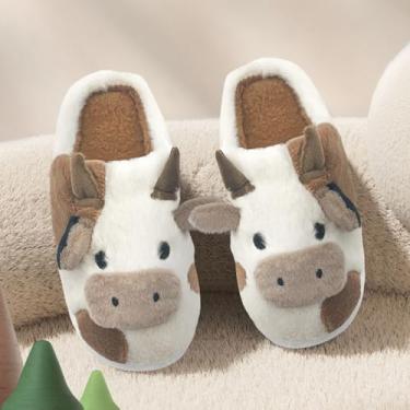 Imagem de Chinelos de vaca felpudos para crianças fofas de vaca fofa, chinelos de casa, crianças, meninas, meninos, desenhos animados, sapatos de casa para uso interno e externo, Marrom, 9.5-10.5 Toddler