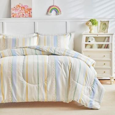 Imagem de Joyreap Conjunto de edredom de algodão 3 peças Queen, listras, azul e amarelo, bege, macio, aconchegante, leve, conjunto de edredom para todas as estações - 223,5 x 223,5 cm