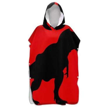 Imagem de TSENQUE Roupão para adultos, poncho de surfe, praia, moletom com capuz, floral, vestível, feminino, ponchos com capuz, silhueta de dinossauro, vermelho, preto