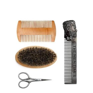 Imagem de Dioche Conjunto de Escova de Barba Profissional, Kit de Pente de Aço Inoxidável, Tesoura, Escova Oval para Homens Em Casa, Estilo Preto, Marrom, 18cm