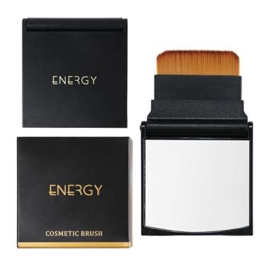 Imagem de ENERGY Estojo dobrável portátil com 2 pincéis Kabuki Brush com espelho – Pincel de maquiagem de viagem para base, pó e contorno, mini ferramenta cosmética compacta com fecho magnético vegano para
