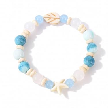 Imagem de Pulseira de cristal de estrela do mar para mulheres, pulseira elástica com tema de oceano ajustável com pingente de estrela do mar e miçangas, joia de férias na praia presente para ela, One Size