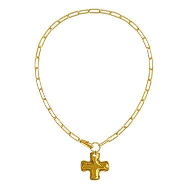 Imagem de Bay State Importers Colar de cruz grossa para mulheres, banhado a ouro 14 K, pingente de cruz cristã, corrente de clipe de papel, bijuteria, presente religioso, cristão, presente de Natal, cesta de