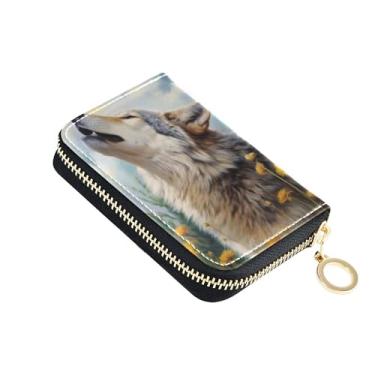 Imagem de GAIGEO Carteiras femininas com pintura de lobo uivante, pequenos porta-cartões de crédito com bloqueio de RFID, zíper ao redor do zíper e porta-cartões e dinheiro
