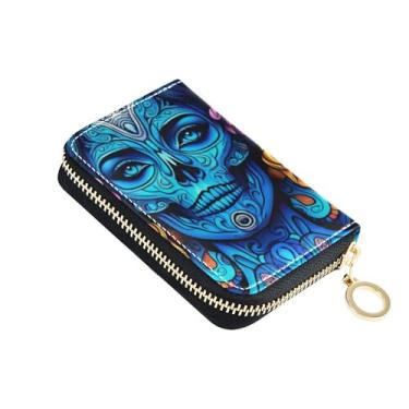 Imagem de Carteira feminina azul caveira arte legal pequena 9 compartimentos para cartão de crédito e 2 compartimentos para dinheiro, carteira de couro com zíper com bolso para moedas