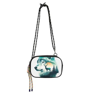 Imagem de TSENQUE Bolsa feminina pequena a tiracolo sobre o ombro, carteira fofa para telefone, carteira, lobo, veado, floresta, aquarela