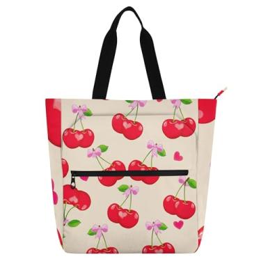 Imagem de Red Cherries Bolsa de trabalho bege para mulheres, lona, praia, livro, sacola com zíper, bolsas reutilizáveis, presentes para amantes de livros