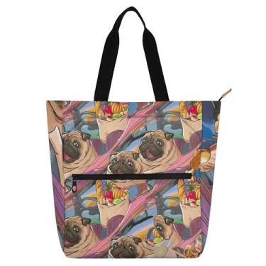 Imagem de Linda bolsa de trabalho para cães pug para mulheres, bolsa escolar de lona, bolsa de tecido, bolsas de mão, presente para amantes de livros