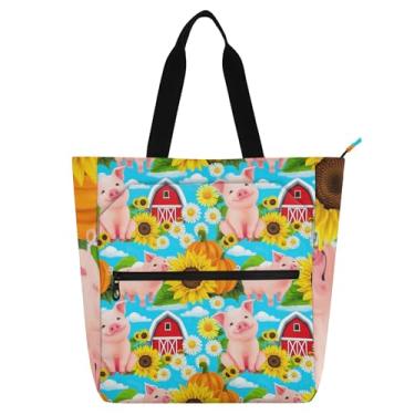 Imagem de Cute Pigs Girassóis Azul Bolsa Feminina para Trabalho Lona Praia Livro Bolsa Zíper Todos os Dias Livro Amante Presente