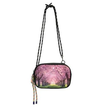 Imagem de Bolsa tiracolo feminina com paisagem de cerejeira florida pequena bolsa de telefone com alça pochete bolsas de ombro