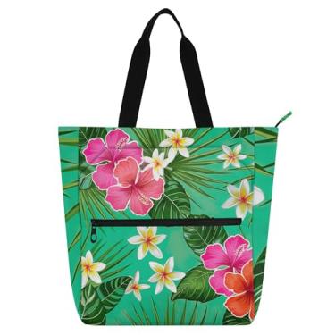 Imagem de GAIGEO Bolsas de trabalho com flores tropicais de hibisco verde para mulheres, bolsas de tecido de lona, faculdade, escola, uso diário, para amantes de livros