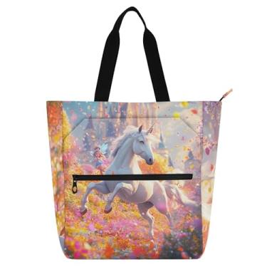 Imagem de Bolsa feminina com cavalo de unicórnio colorida para trabalho, lona, praia, escola, bolsa utilitária, bolsas infantis, presente para amantes de livros