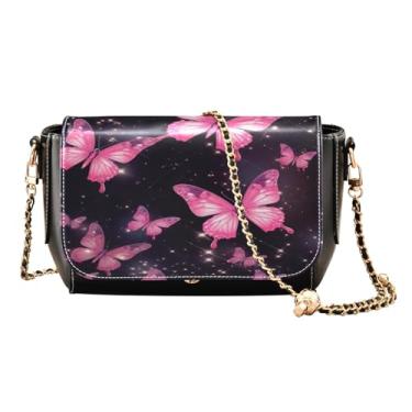 Imagem de Bolsa de couro borboletas vermelhas e rosa no espaço com corrente dourada, bolsas de couro para mulheres bolsa transversal, Borboletas rosa na cor preta-2, One Size