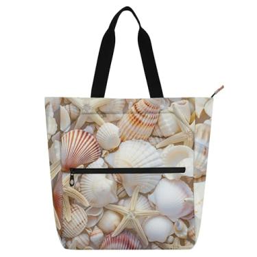 Imagem de GAIGEO Bolsa feminina Sea Shells Starfish para trabalho, lona, praia, livros, bolsa com zíper e compartimentos