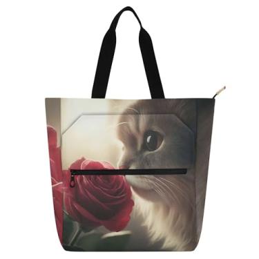 Imagem de Sacola feminina Cat Rose Flower para trabalho, lona, escola, bolsa, utilitária, escritório, para amantes de livros, presentes