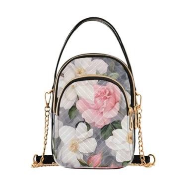 Imagem de Bolsa tiracolo feminina floral azul com listras roxas e azuis e correntes douradas, crossbody, bolsas transversais femininas, Rosas aquarela-3, One Size