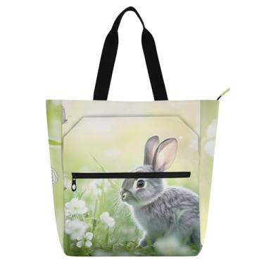 Imagem de Bolsa feminina de trabalho floral coelhinho primavera coelho lona praia livro tote com zíper bolsas para professores amantes de livros presentes