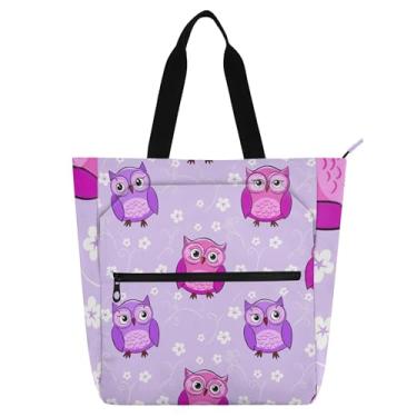 Imagem de GAIGEO Linda bolsa de trabalho roxa clara de corujas de desenho animado para mulheres, bolsa de lona com zíper, bolsa de praia para professores com compartimentos