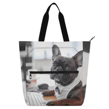 Imagem de GAIGEO Bolsinhas de trabalho engraçadas fofas para buldogue francês, para mulheres, lona, praia, livro, com zíper, bolsa infantil fofa com compartimentos