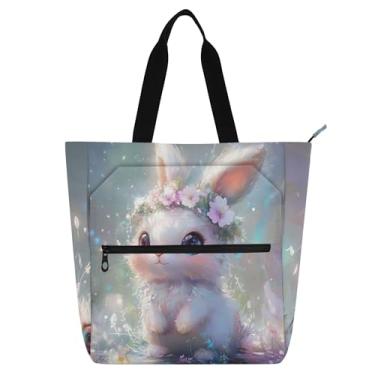 Imagem de GAIGEO Bolsa feminina de trabalho de coelho floral fofa de lona para escola universitária bolsa infantil linda bolsa com compartimentos