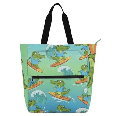 Imagem de GAIGEO Sacola feminina fofa de crocodilos de desenho animado para surfar pranchas de surfe para trabalho em lona escolar bolsa para livros para mulheres