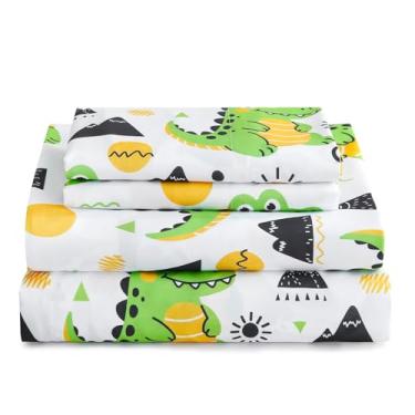 Imagem de ChicView Jogo de lençol completo infantil, 4 peças de lençóis de microfibra macia respirável para crianças, meninos, meninas, antiborboto, bolsos profundos, fácil de cuidar, crocodilo