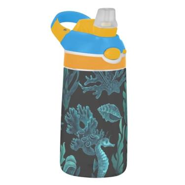 Imagem de Garrafa de água de 473 ml para crianças reutilizável Tritan Sports de 473 ml com copo infantil portátil à prova de vazamento de palha, alça de transporte, verde escuro Sargassum