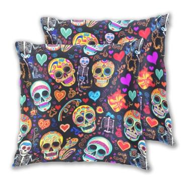 Imagem de Joitme Conjunto de 2 capas de almofadas pretas com caveiras coloridas vibrantes e decorativas para sofá, 40 x 40 cm, 2 peças