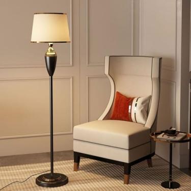 Imagem de Luminária de chão com cúpula de tecido e detalhes em chifre, luminária decorativa de chão para interiores, luminária vertical de metal polido, luminária de leitura alta, luminária de canto p