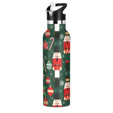 Imagem de Joisal Garrafa de água infantil de aço inoxidável de 590 ml com tampa de palha, quebra-nozes de Natal verde isolado garrafa de água escolar com alça, copo de viagem a vácuo de parede dupla