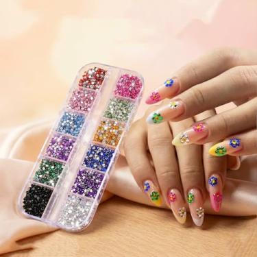 Imagem de 12 kit de arte de unhas coloridas brilhantes, strass plano 3D, pérolas, cristais e pedras preciosas para unhas de acrílico e decoração de manicure
