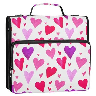 Imagem de Fichários estampados com 3 anéis de 3 cm para serviço pesado corações vermelhos com zíper organizador de pasta de armazenamento com alça escolar bolsa de fichário com alça de ombro