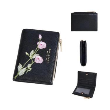 Imagem de Carteira Feminina Tri-Fold Com Bordado Floral 3D, Proteção RFID, Compa