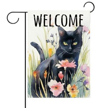 Imagem de Terkki Bandeira decorativa de jardim com flor de gato preto, aquarela floral pequena decoração externa para dono de gato animal de estimação, presente para amantes, primavera, verão, serapilheira ao
